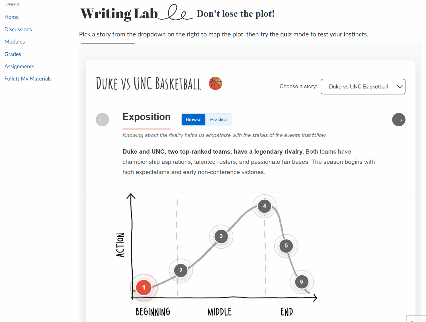 LMS page with a graph showing a curve with clickable points. The mouse selects different points and the description above changes to describe different plot elements of a story about a basketball season.