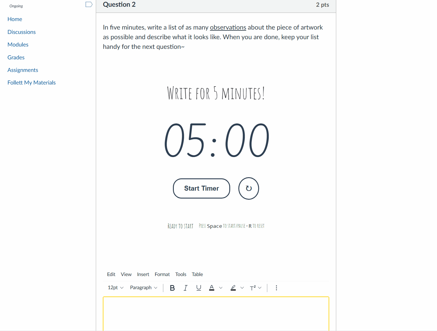 LMS page with a time. The user starts it by clicking start, messages above the timer change periodically.