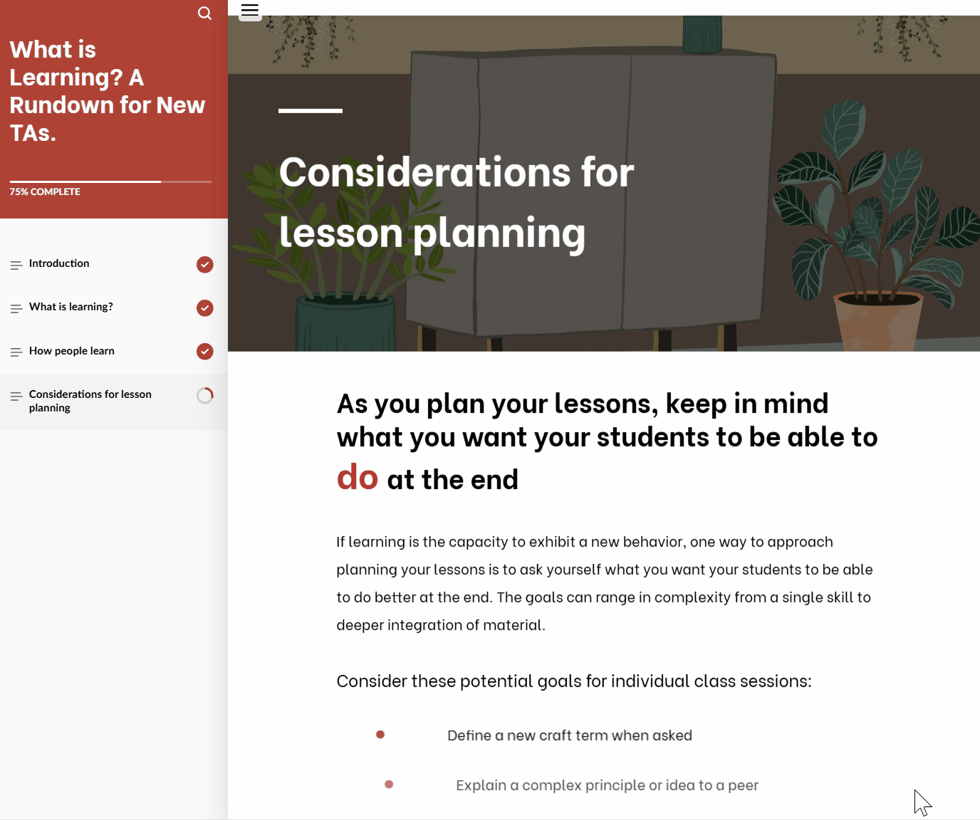 Articulate Rise course page titled 'Considerations for Lesson Planning.' 