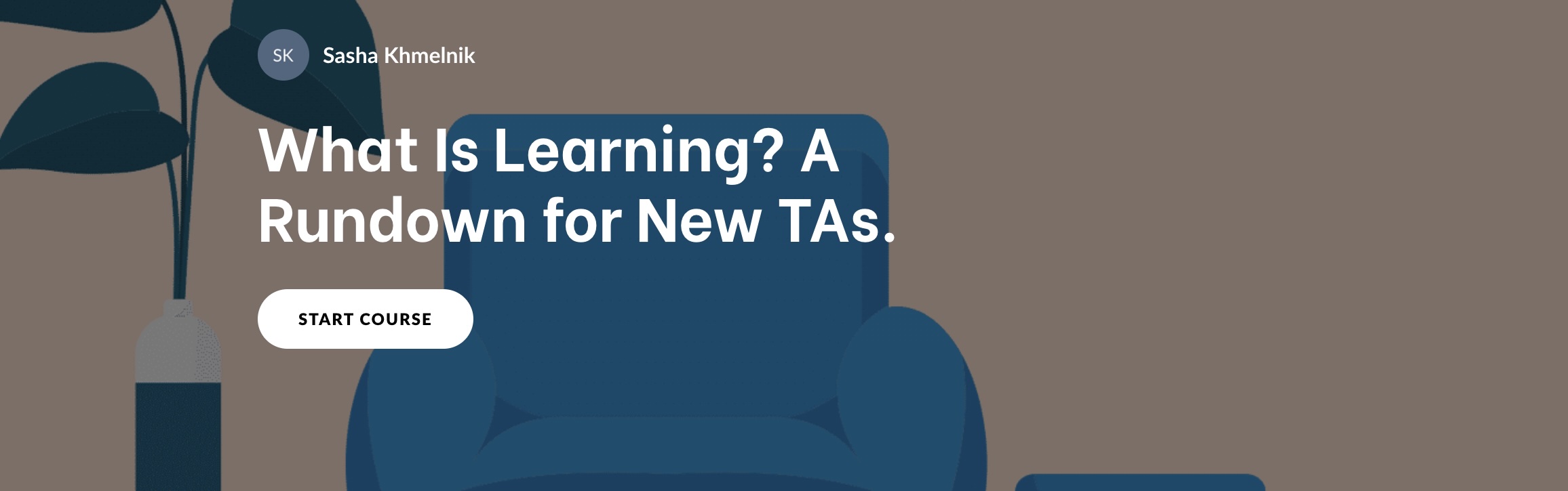 A screenshot of a website with a blue chair and green plant on a coffee-colored background. Bold, white letters read 'What Is learning? A Rundown for New TAs'